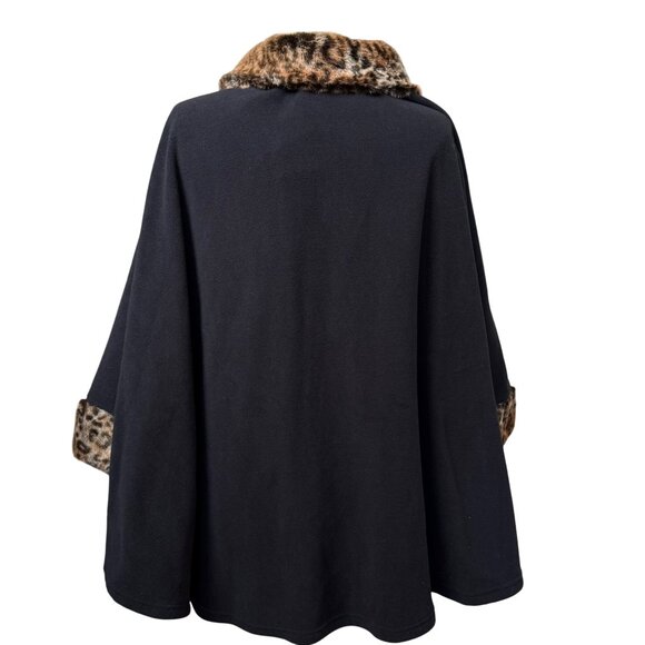 Preston & York Womens Black Cape Poncho Coat Leopard Faux Fur Trim NWT - Picture 3 of 12